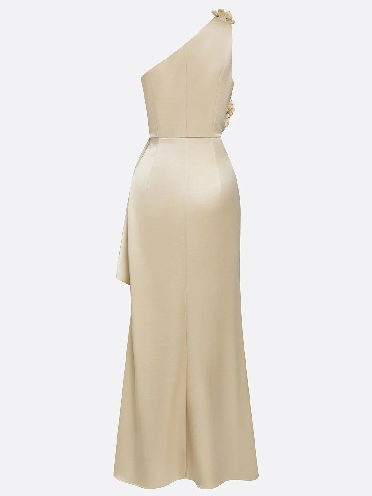 One-Shoulder Ruched Satin Column Maxi Evening Dress
