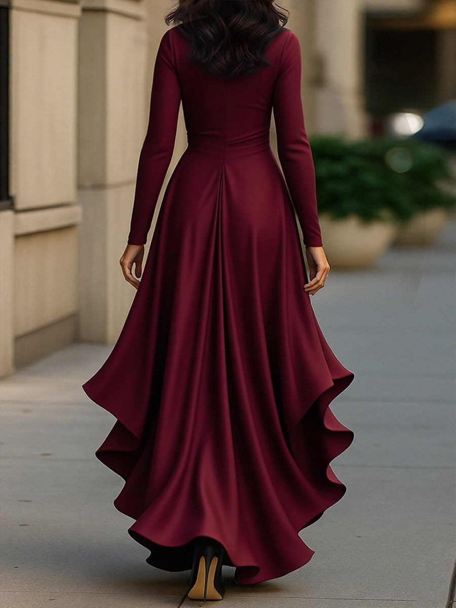 Long-Sleeve Draped Satin Wrap Maxi Dress with Ruffle Hem