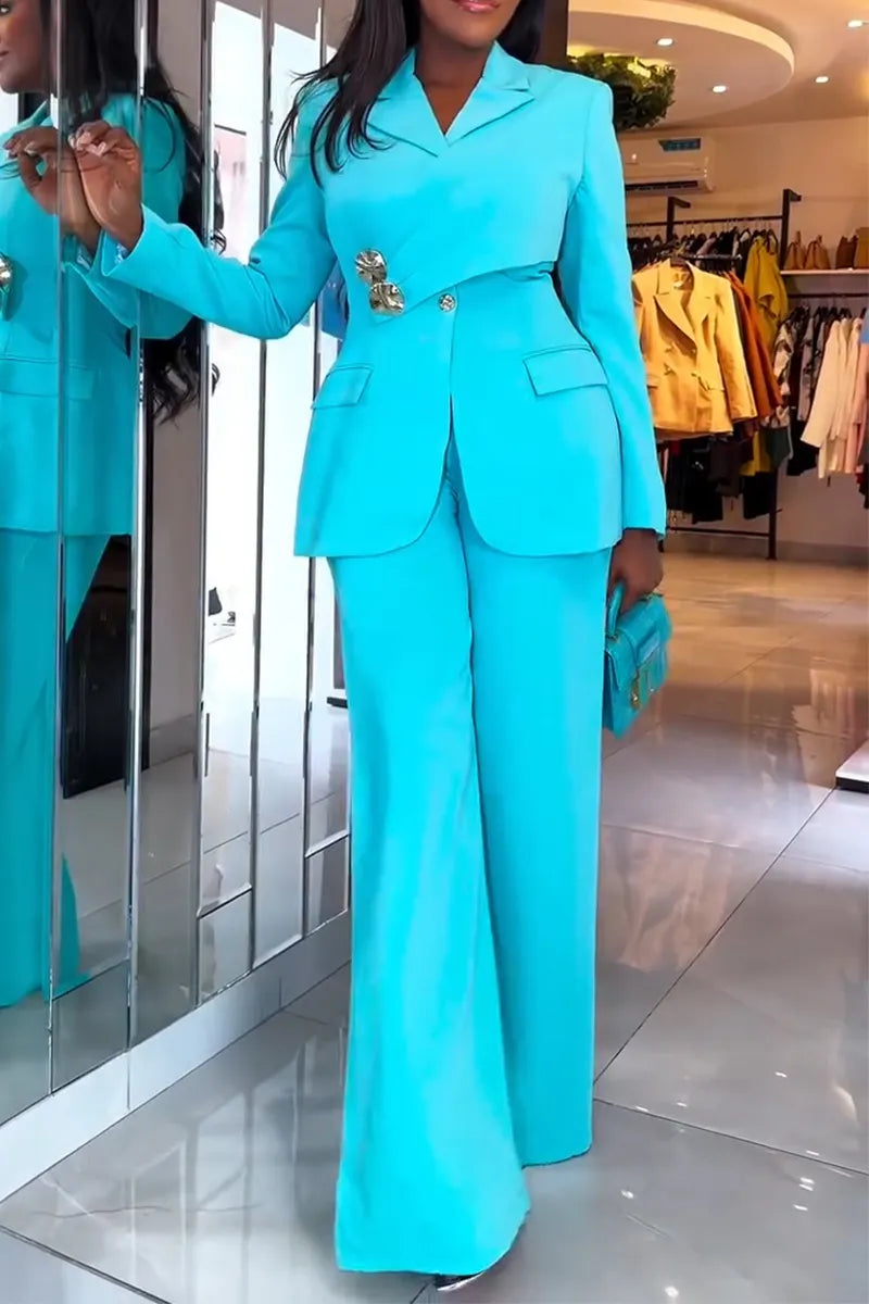 Asymmetric Wrap Blazer and Wide Leg Pants Suit