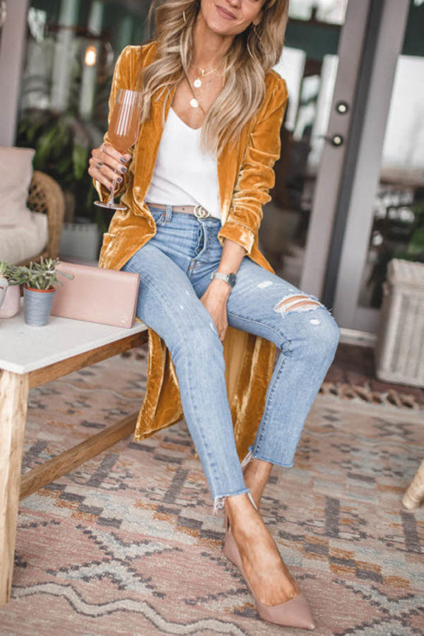 Velvet Kimono Duster Jacket with Mandarin Collar