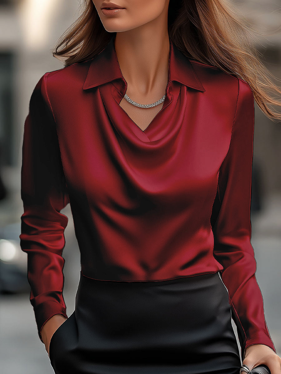 Satin Cowl Neck Long Sleeve Collared Blouse - Burgundy