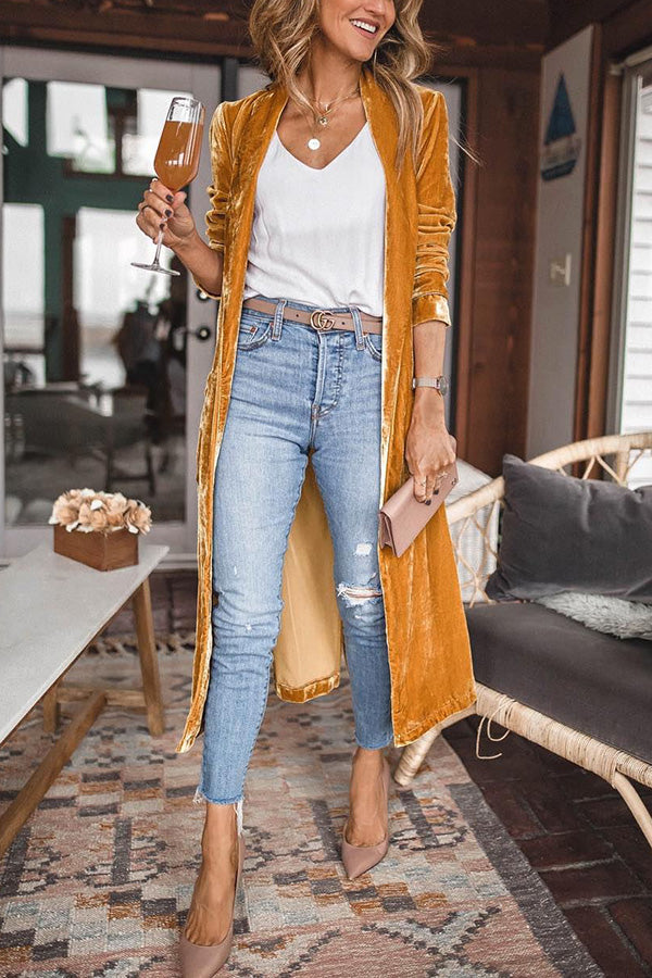 Velvet Kimono Duster Jacket with Mandarin Collar - Gold