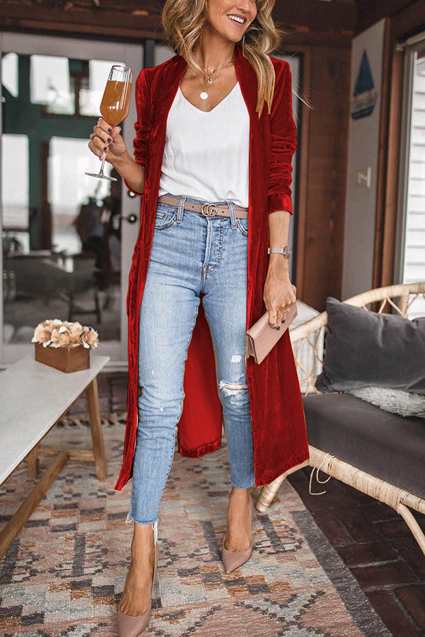 Velvet Kimono Duster Jacket with Mandarin Collar - Wine