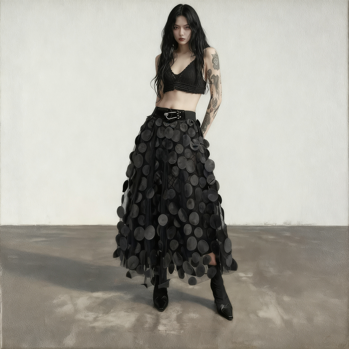 Black 3D Dot Tulle Maxi Skirt With Elastic Waist