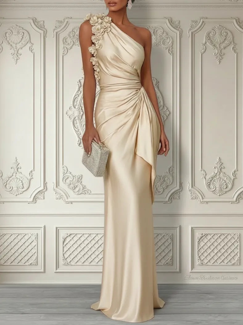 One-Shoulder Ruched Satin Column Maxi Evening Dress