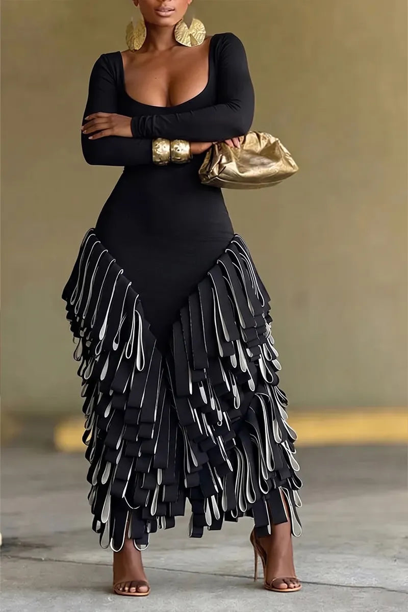 Long Sleeve Square Neck Fringe Midi Party Dress - Black