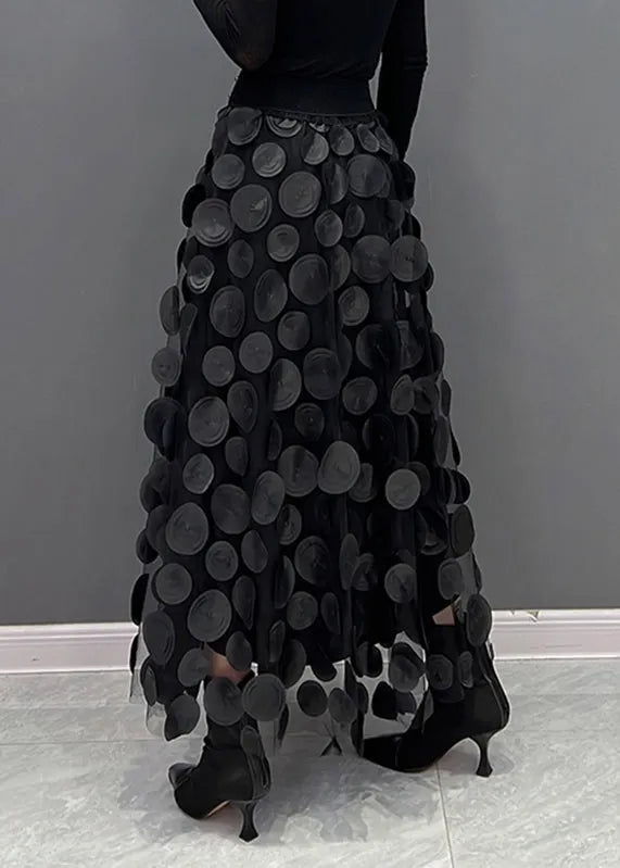 Black 3D Dot Tulle Maxi Skirt With Elastic Waist