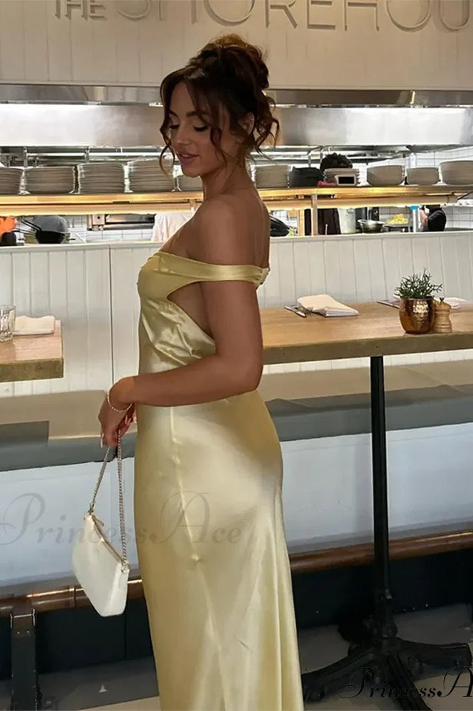 Off-Shoulder Satin Maxi Evening Dress with Open Back