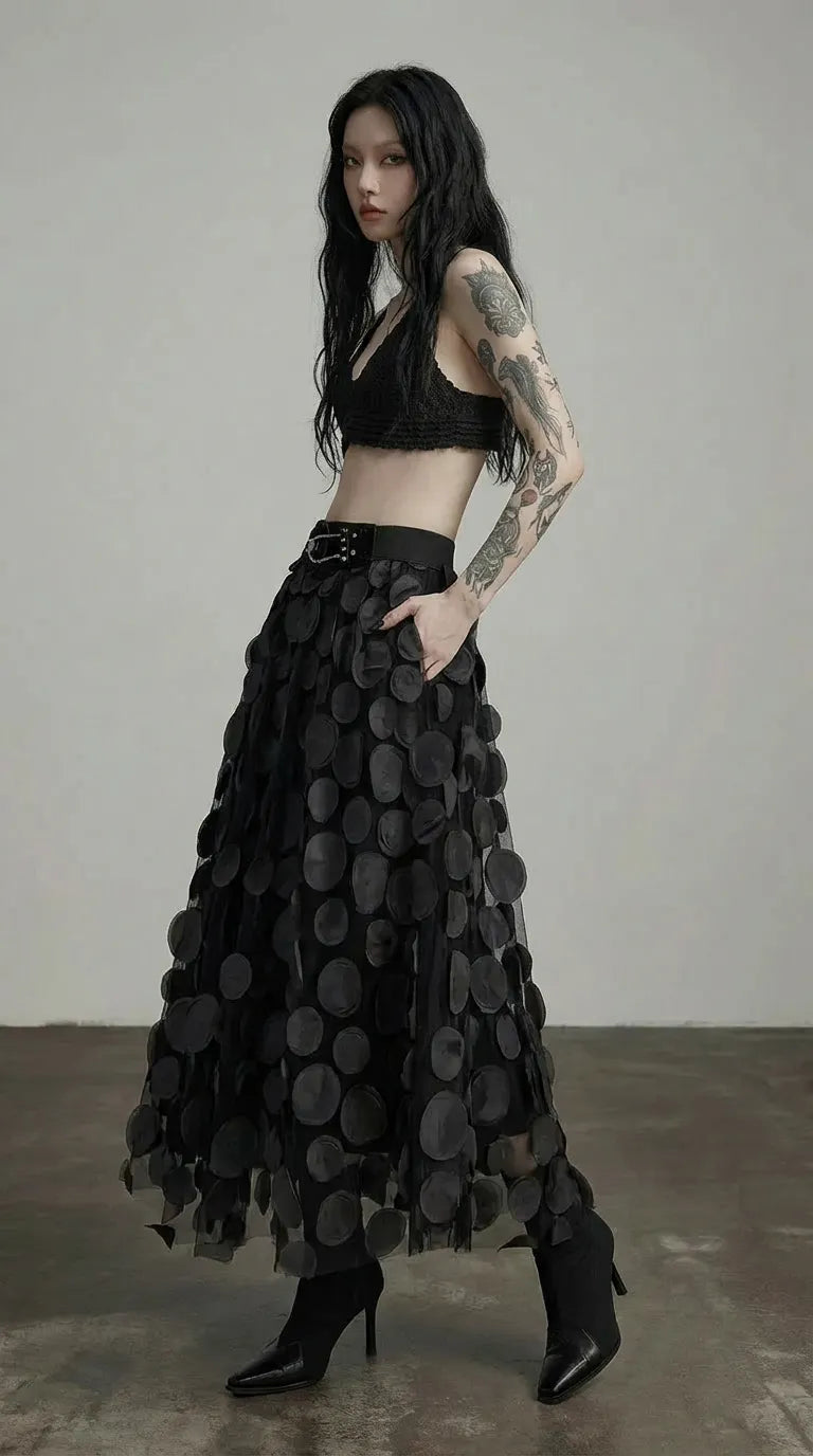 Black 3D Dot Tulle Maxi Skirt With Elastic Waist