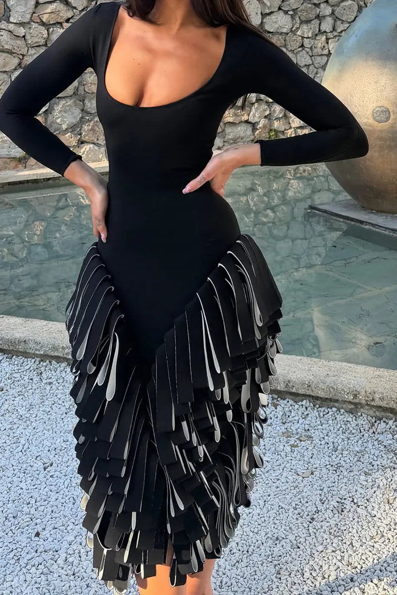 Long Sleeve Square Neck Fringe Midi Party Dress