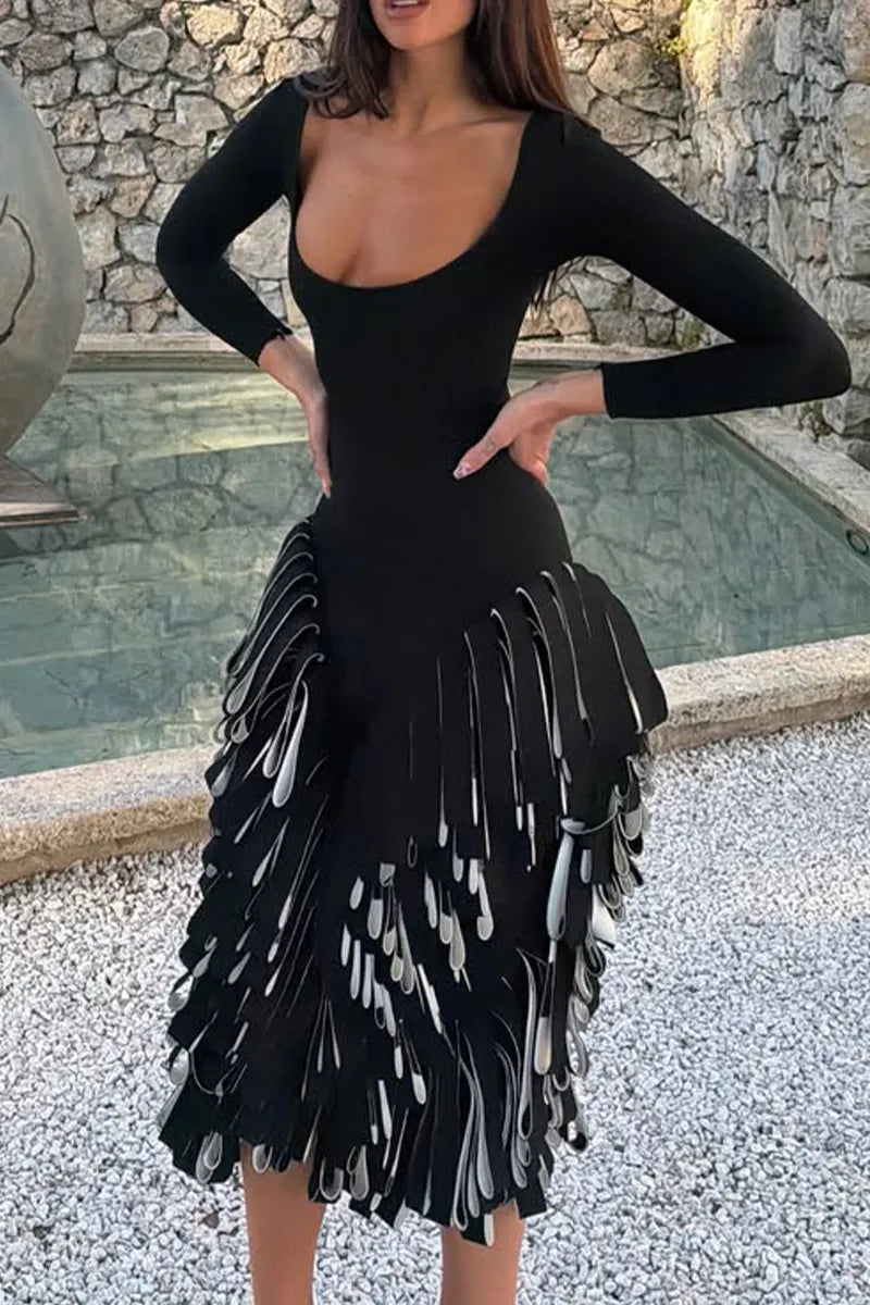 Long Sleeve Square Neck Fringe Midi Party Dress