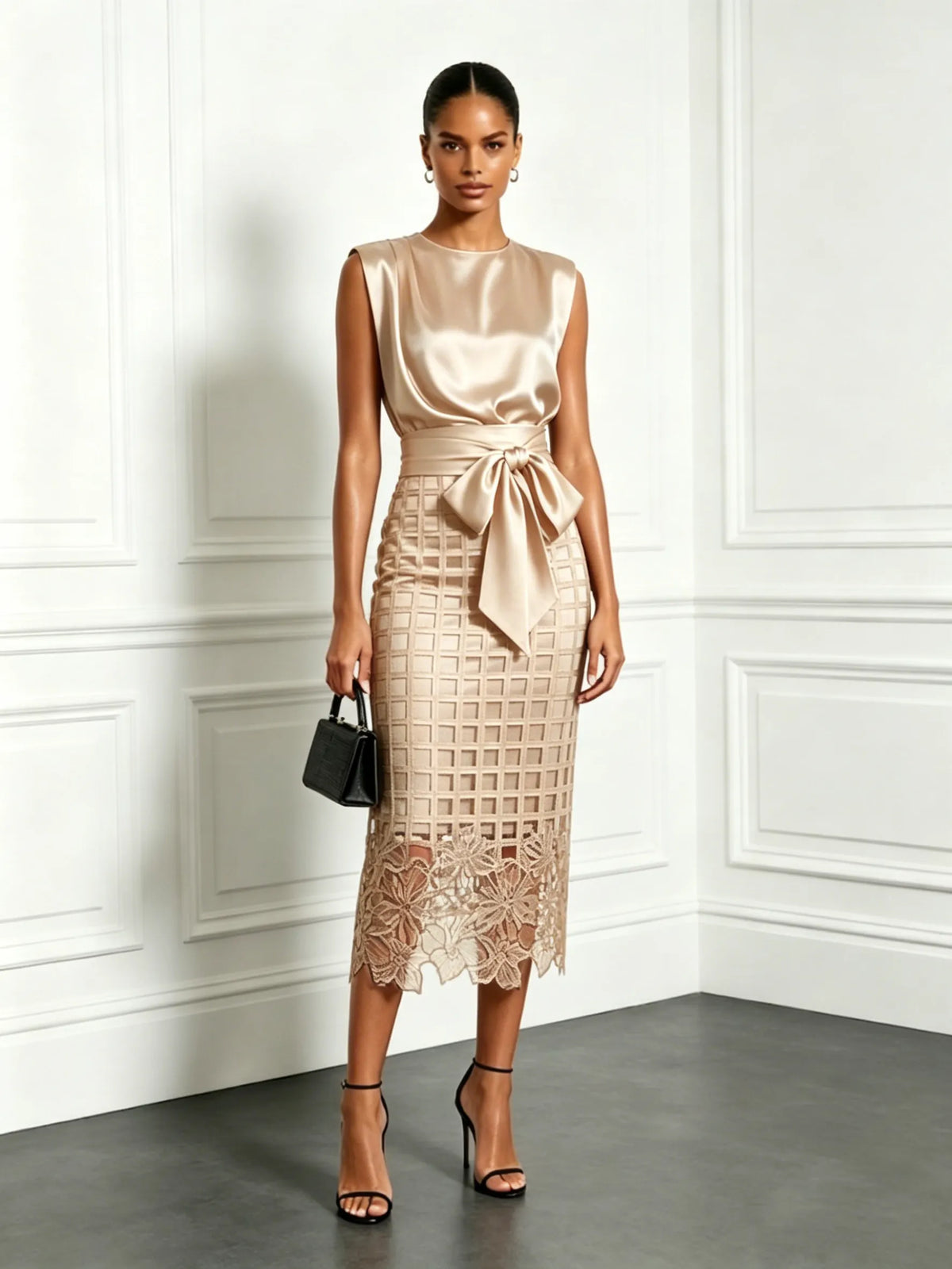 Sleeveless Satin Top And Lace Midi Pencil Skirt Set