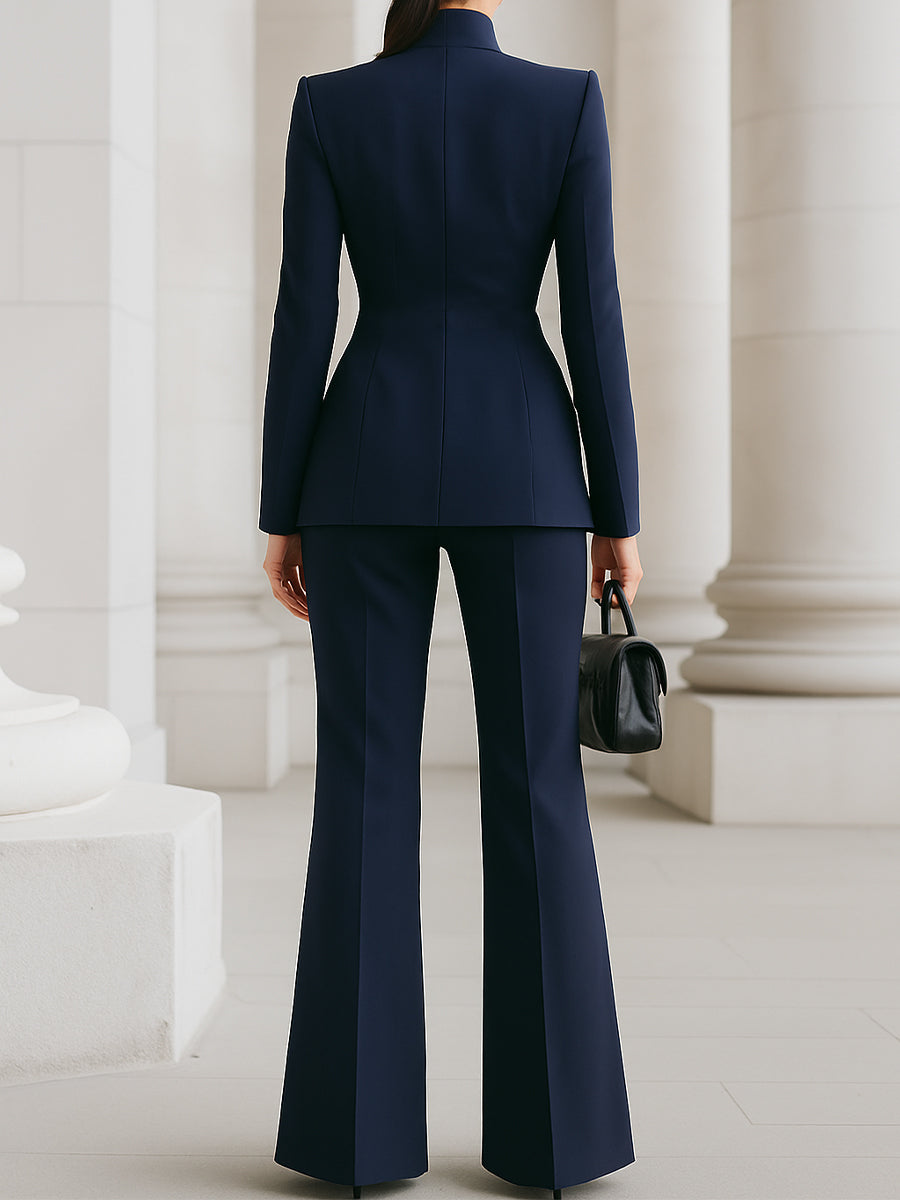 Stand Collar Blazer and Wide Leg Trouser Suit Set