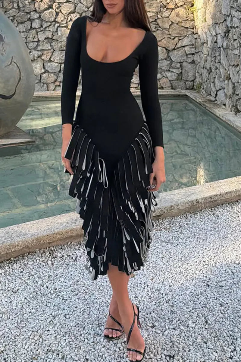 Long Sleeve Square Neck Fringe Midi Party Dress