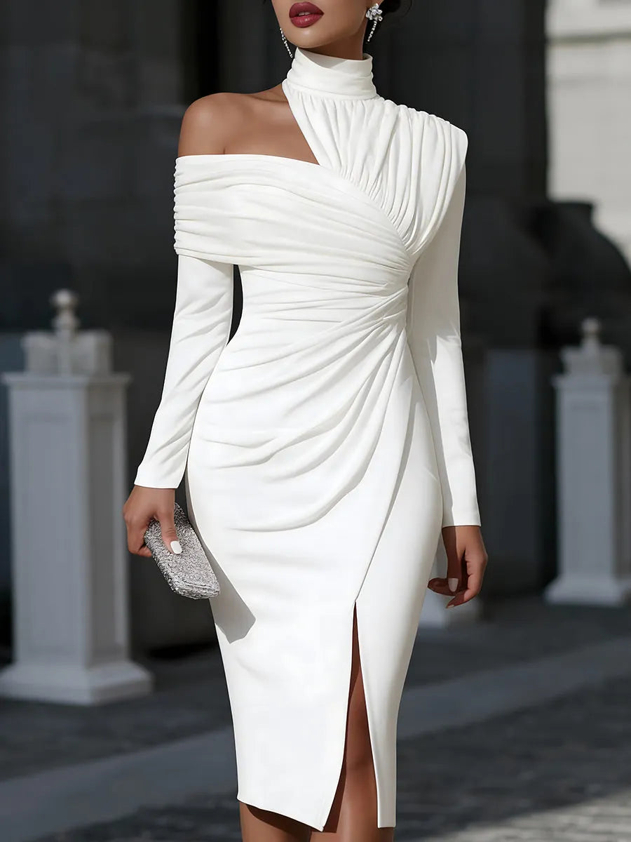 Asymmetric Draped One-Shoulder Long Sleeve Midi Dress - White