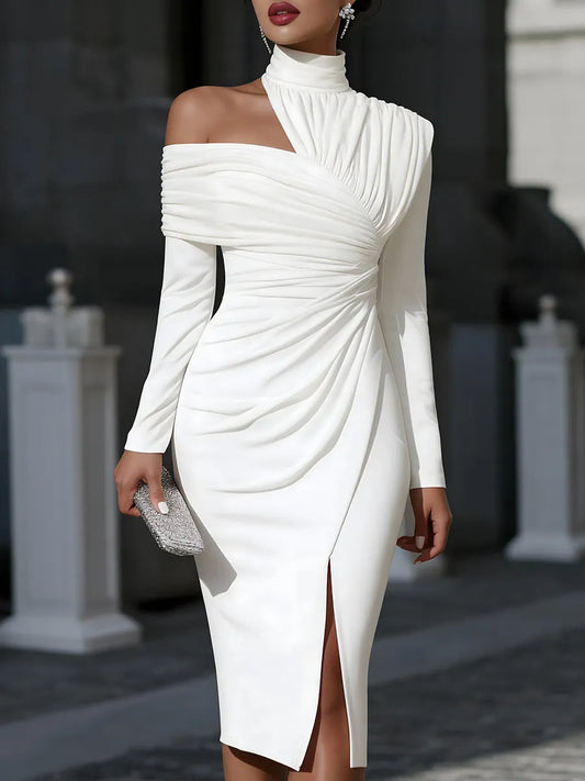 Asymmetric Draped One-Shoulder Long Sleeve Midi Dress - White