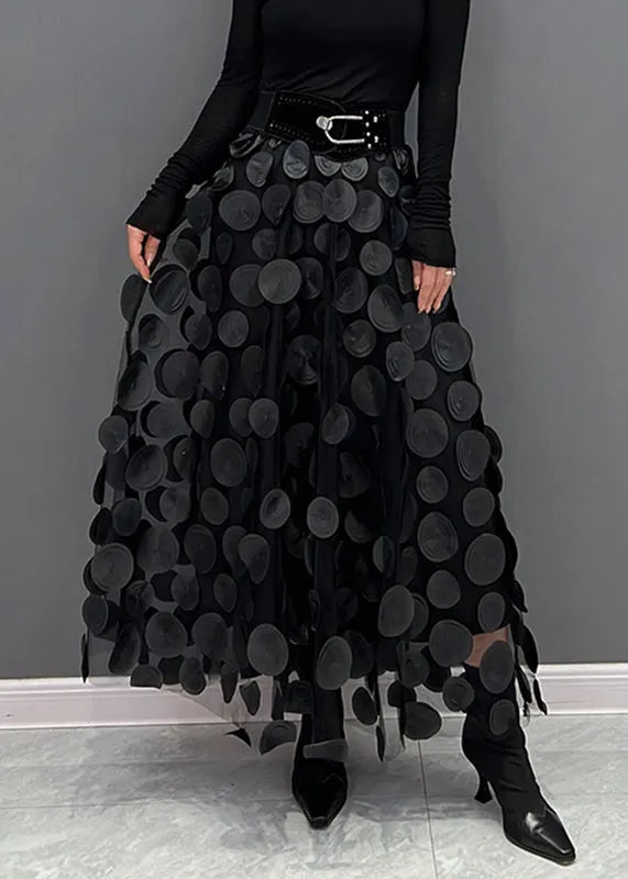 Black 3D Dot Tulle Maxi Skirt With Elastic Waist