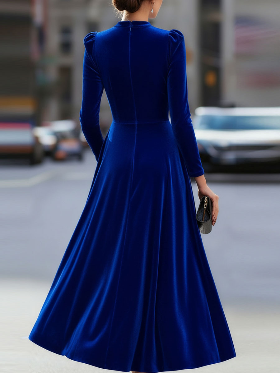 Long Sleeve Velvet A-Line Midi Dress With Puff Shoulders