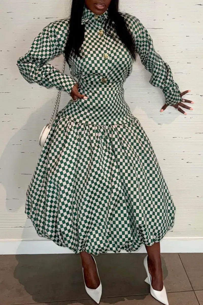 Collared Long-Sleeve Plaid Midi Dress With Bubble Hem - Green