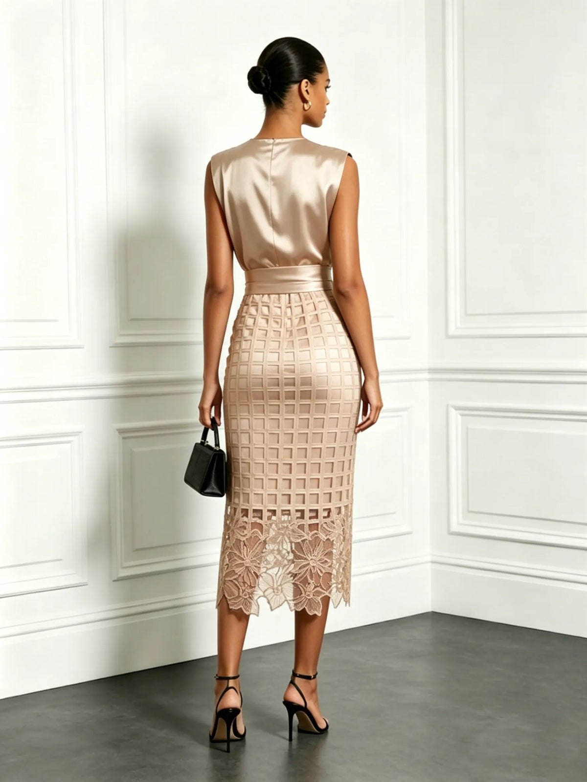Sleeveless Satin Top And Lace Midi Pencil Skirt Set