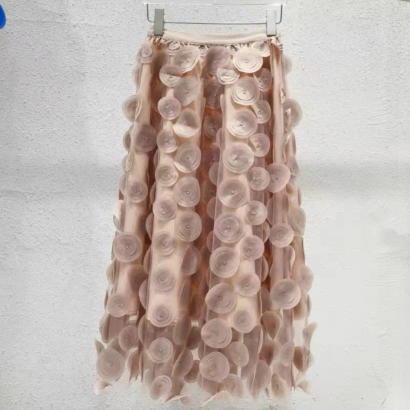 Black 3D Dot Tulle Maxi Skirt With Elastic Waist - Khaki