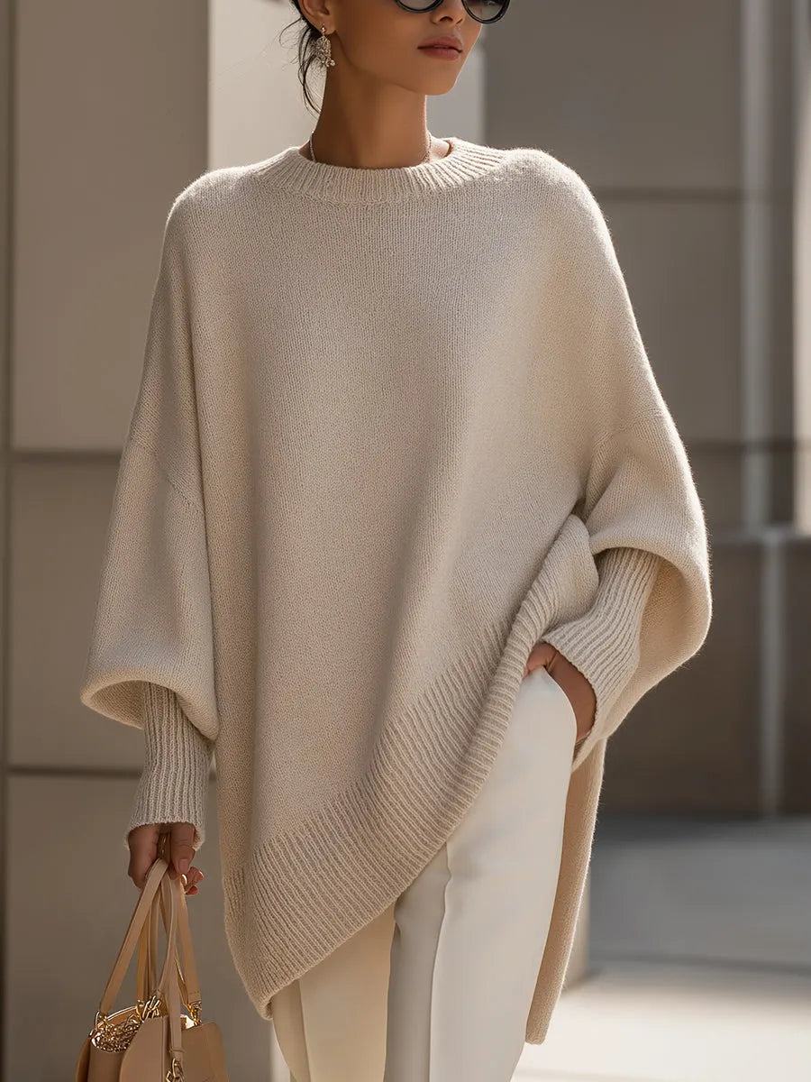 Crew Neck Batwing Poncho Sweater - Beige