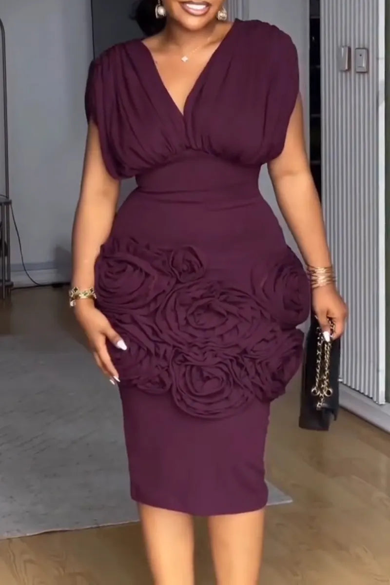 V-Neck 3D Rosette Cinched Waist Midi Dress - Dark Purple