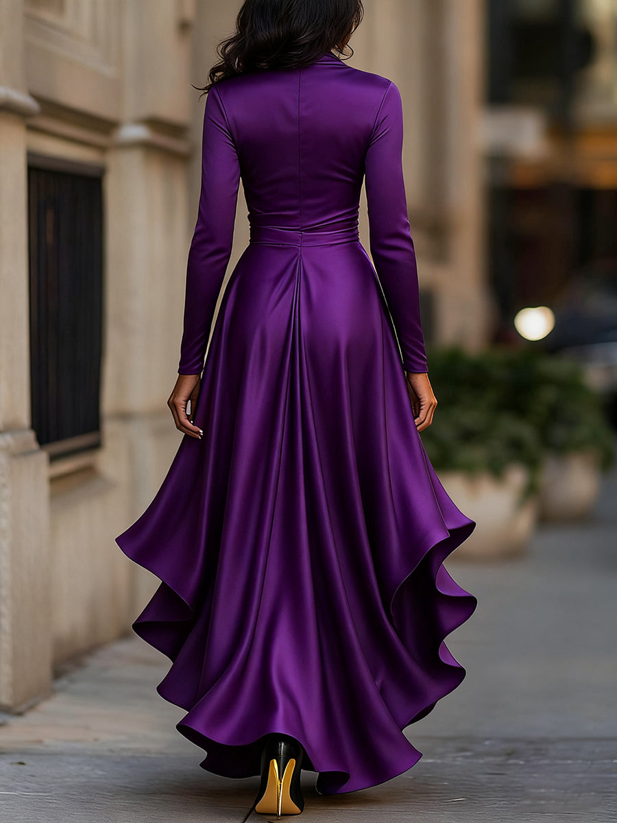 Long-Sleeve Draped Satin Wrap Maxi Dress with Ruffle Hem