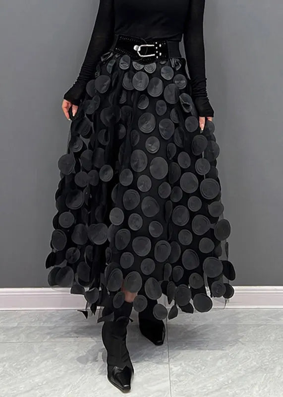 Black 3D Dot Tulle Maxi Skirt With Elastic Waist