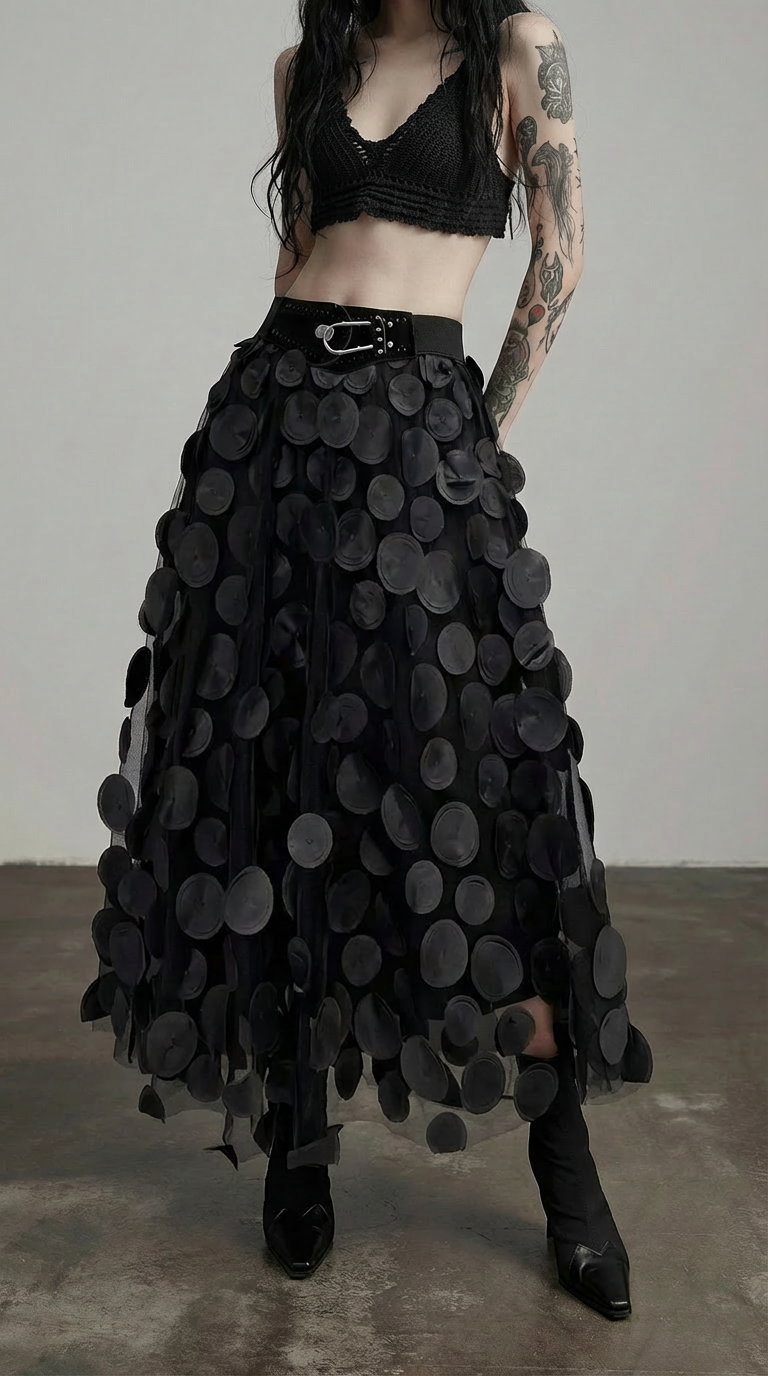 Black 3D Dot Tulle Maxi Skirt With Elastic Waist