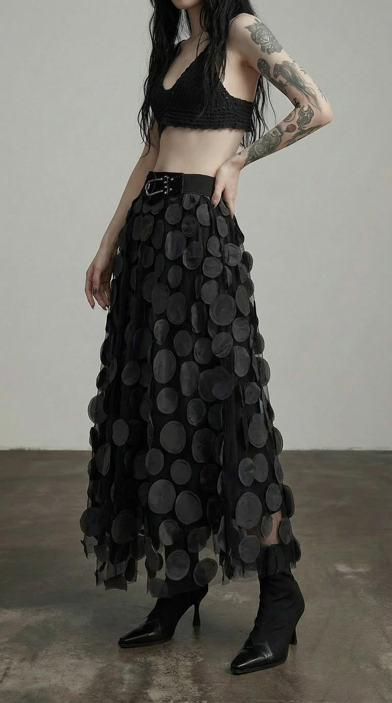 Black 3D Dot Tulle Maxi Skirt With Elastic Waist