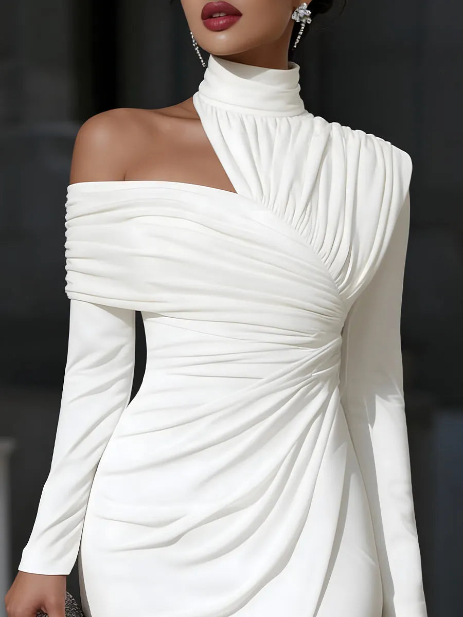 Asymmetric Draped One-Shoulder Long Sleeve Midi Dress