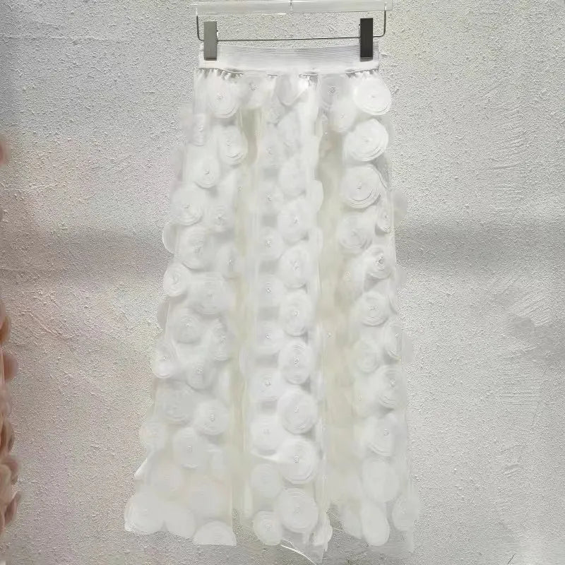 Black 3D Dot Tulle Maxi Skirt With Elastic Waist - White