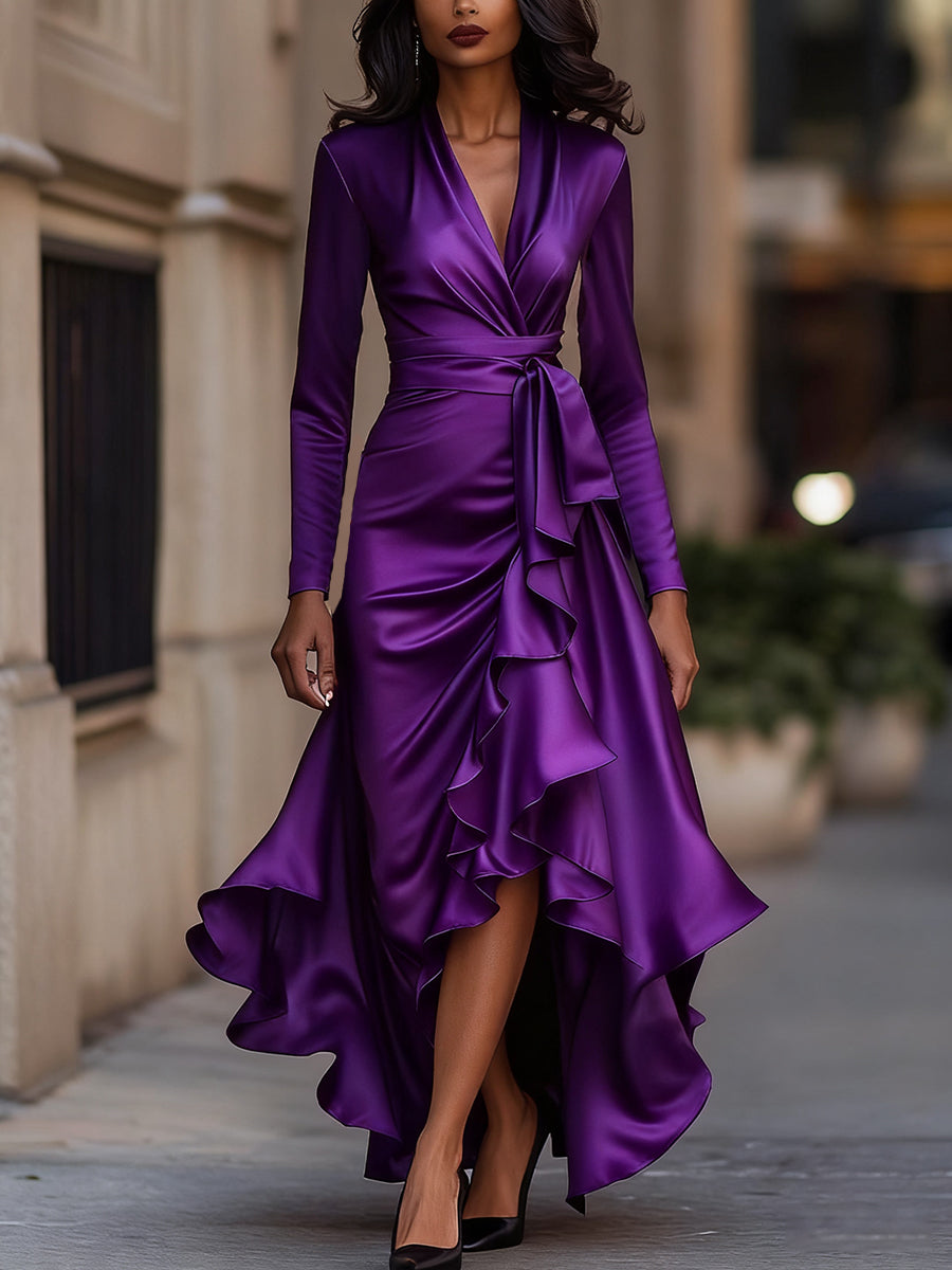 Long-Sleeve Draped Satin Wrap Maxi Dress with Ruffle Hem