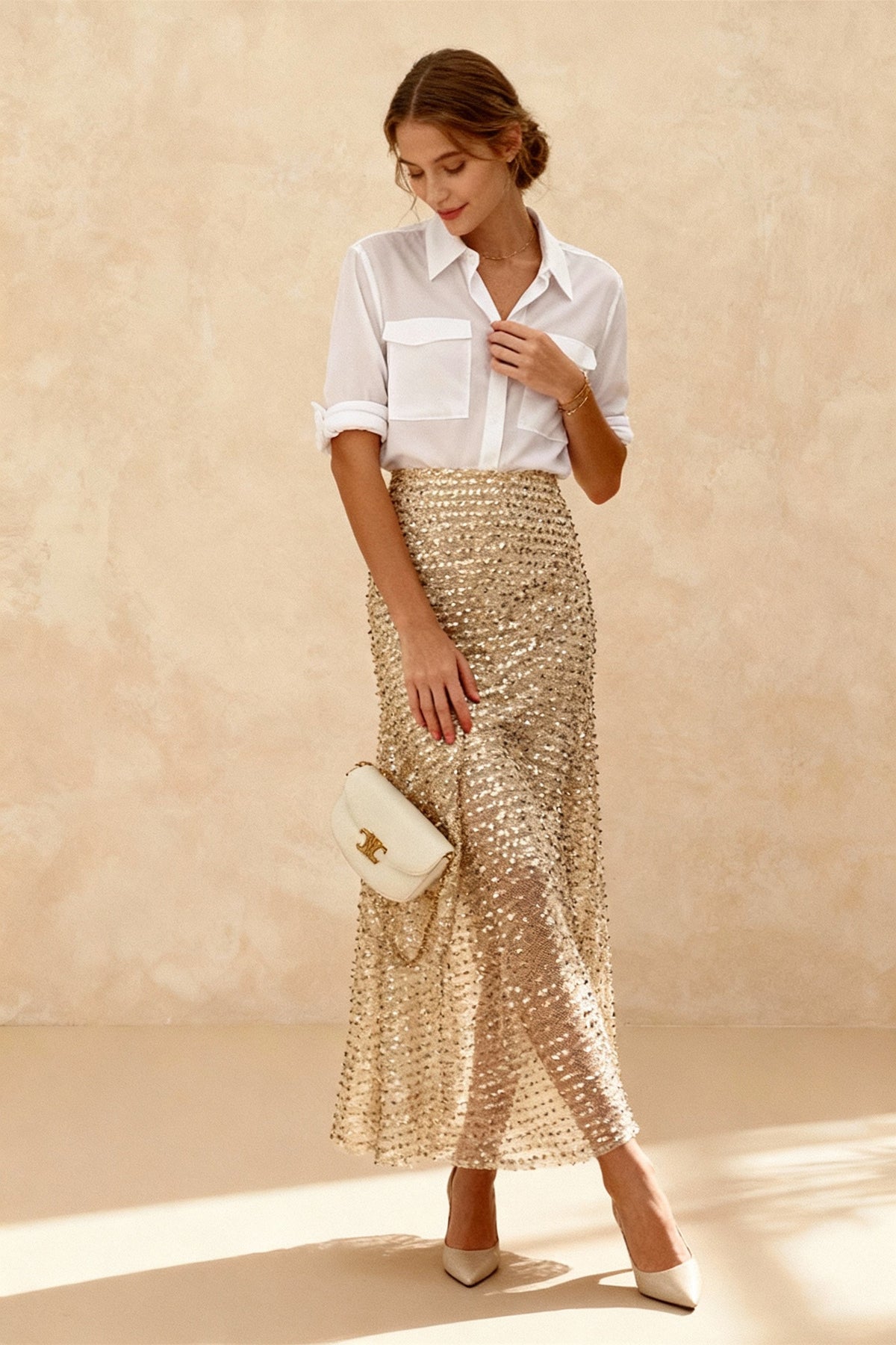 Soft Pleat Sequin Maxi Skirt
