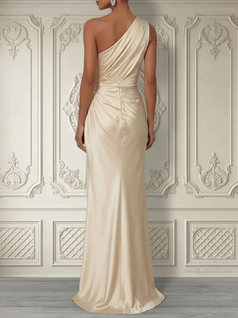 One-Shoulder Ruched Satin Column Maxi Evening Dress