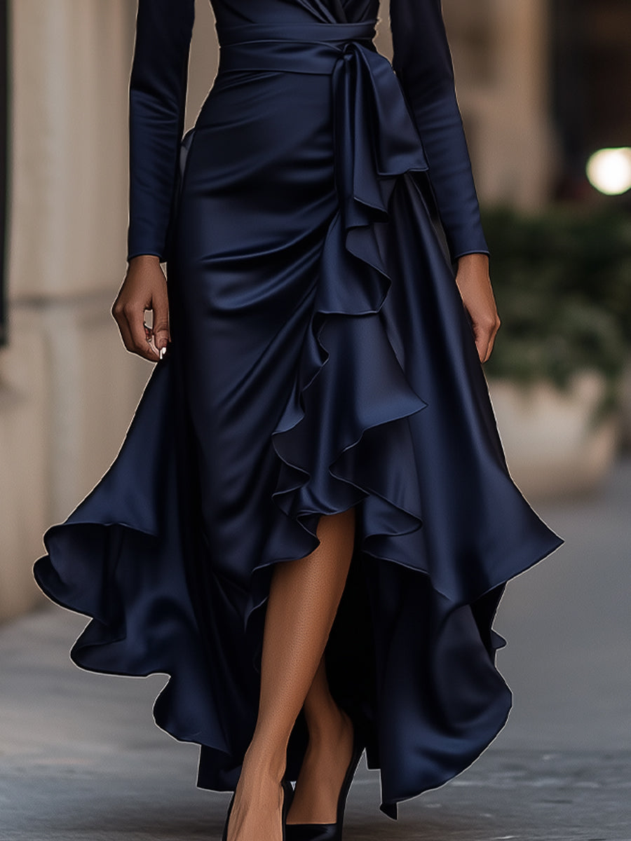 Long-Sleeve Draped Satin Wrap Maxi Dress with Ruffle Hem