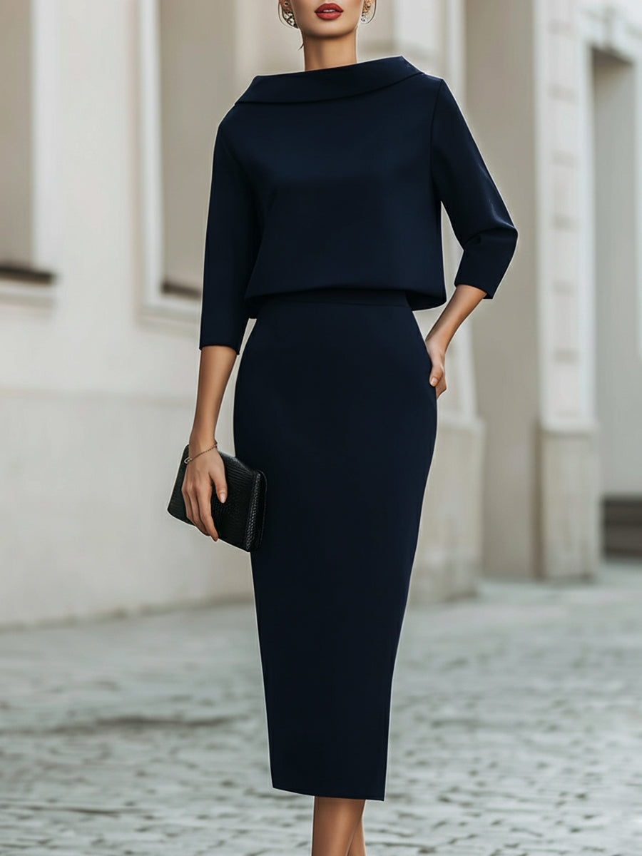 Knit Boat Neck Top and High-Waist Pencil Skirt Set