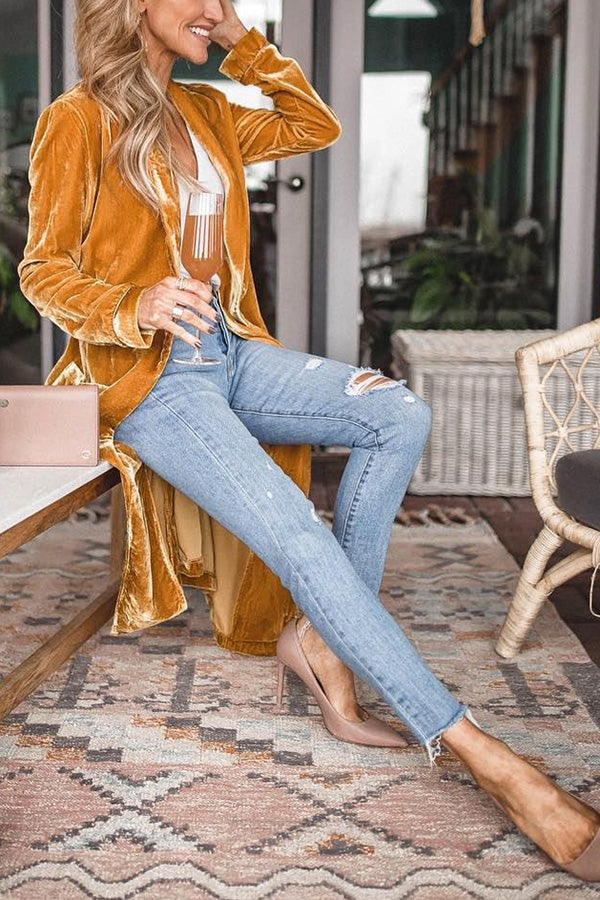 Velvet Kimono Duster Jacket with Mandarin Collar