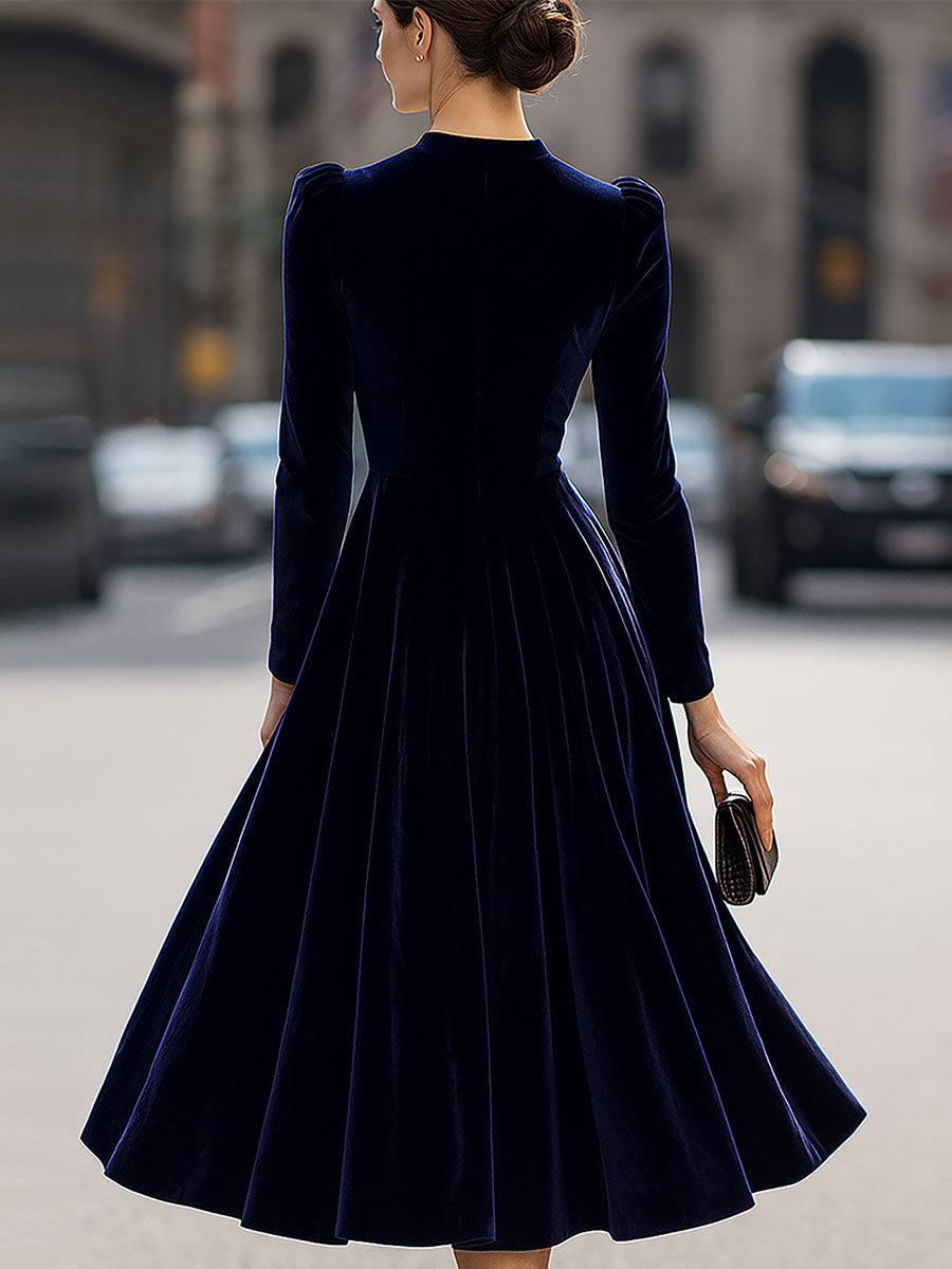 Long Sleeve Velvet A-Line Midi Dress With Puff Shoulders