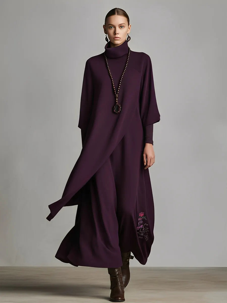 Draped Turtleneck Long Sleeve Jersey Maxi Dress