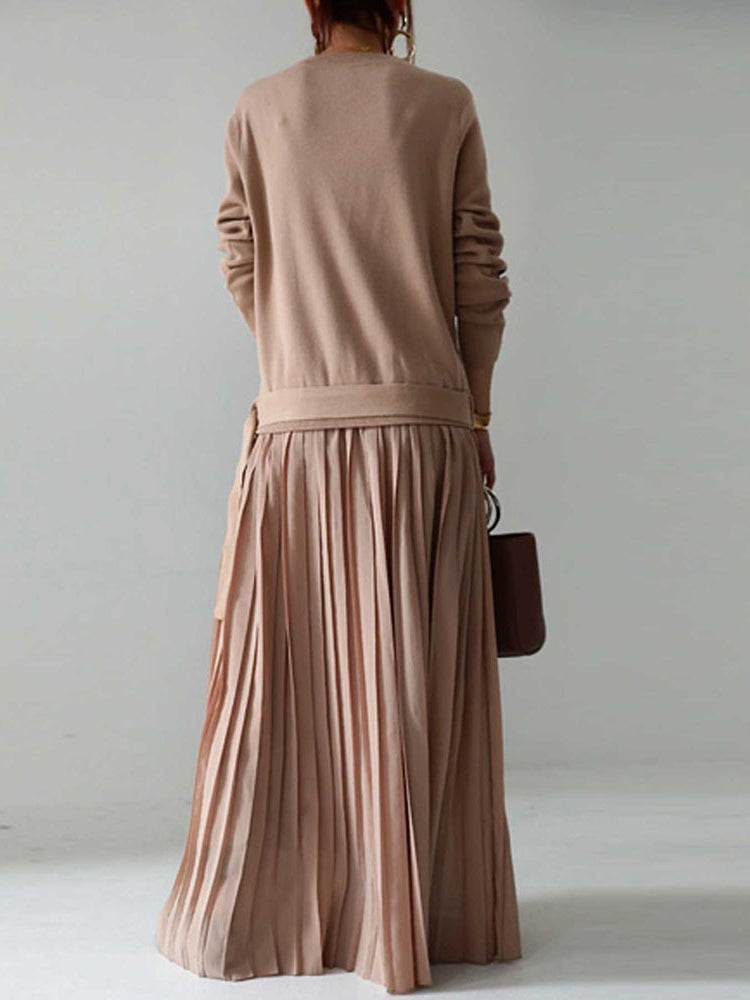 Knit Bodice Pleated Maxi Dress With Belt