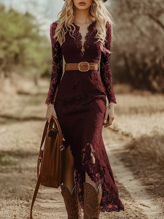 Long-Sleeve V-Neck Lace Midi Dress With Belt - Burgundy