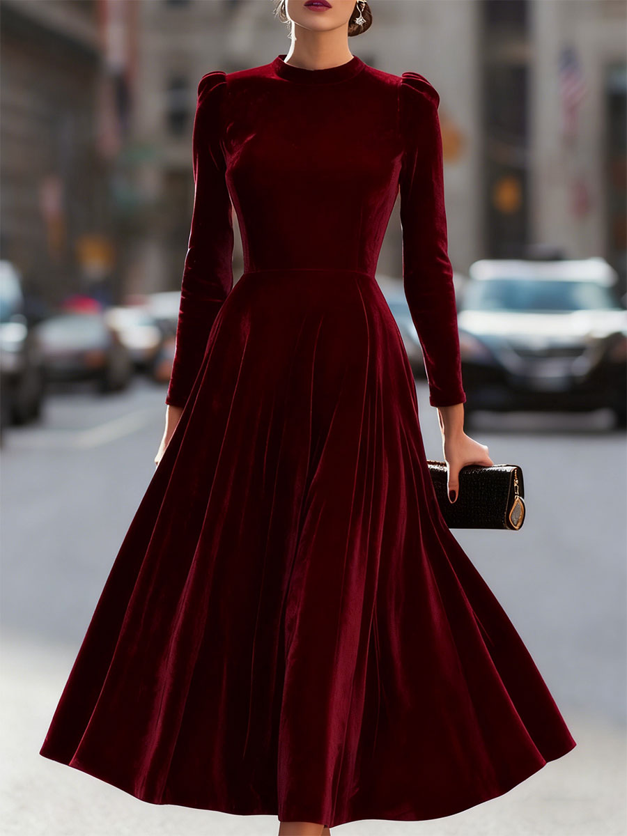 Long Sleeve Velvet A-Line Midi Dress With Puff Shoulders - Burgundy