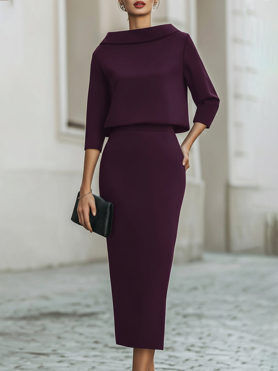 Knit Boat Neck Top and High-Waist Pencil Skirt Set