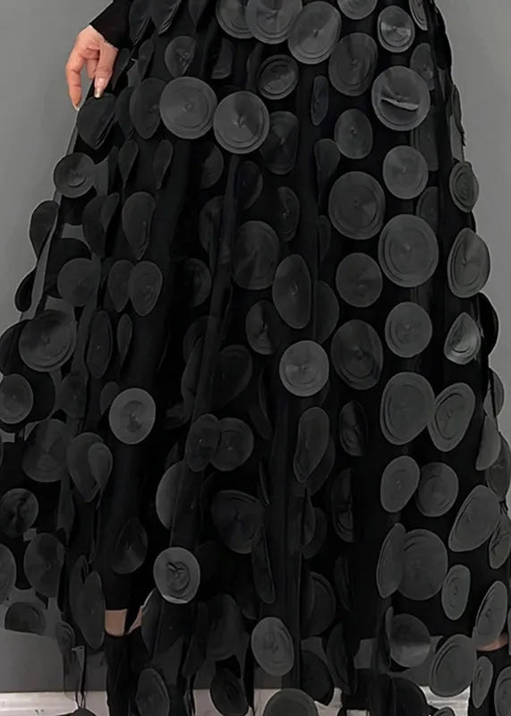Black 3D Dot Tulle Maxi Skirt With Elastic Waist