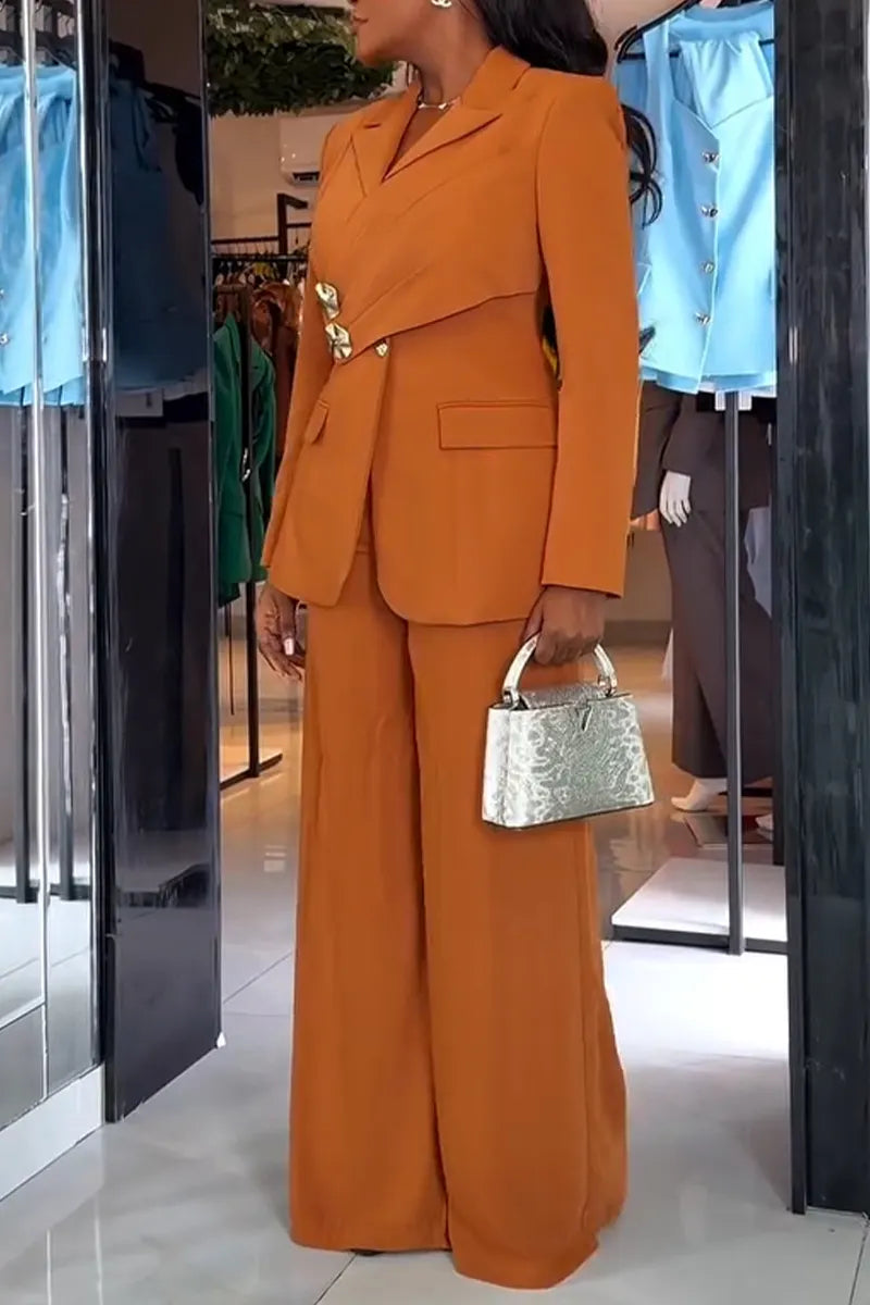 Asymmetric Wrap Blazer and Wide Leg Pants Suit