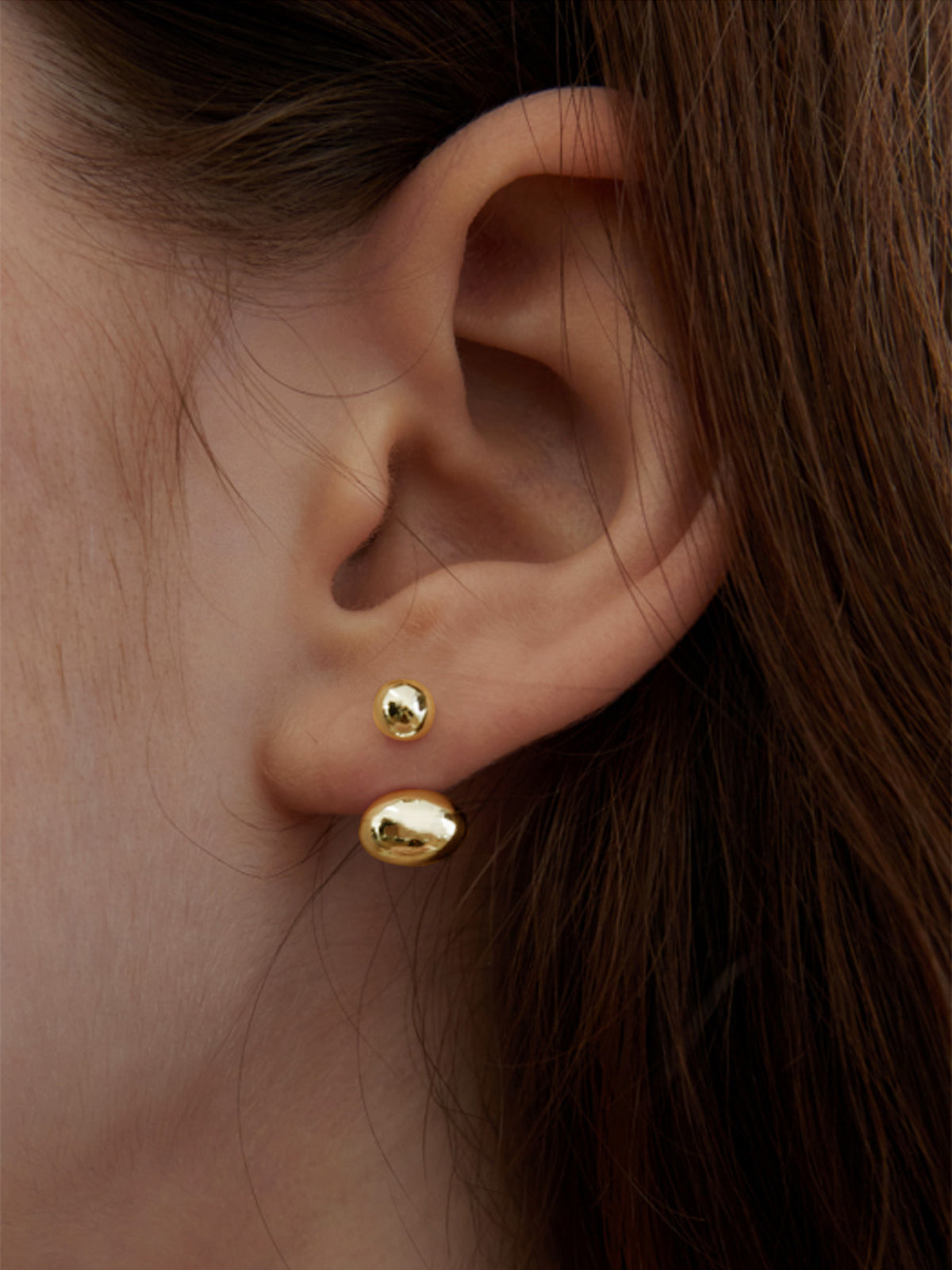 Minimalist Double Bean Front Back Stud Earrings - Gold