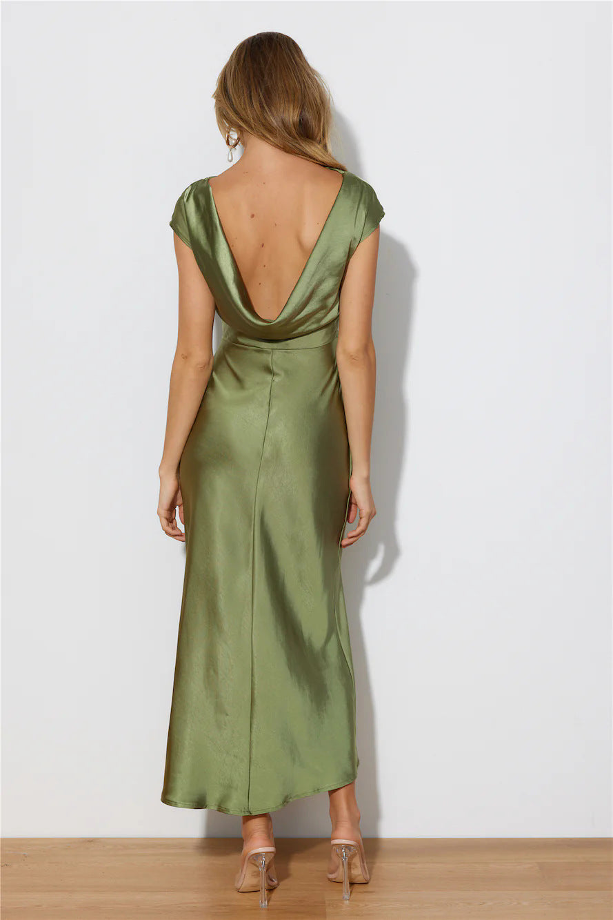 Satin Cap Sleeve Cowl Back Midi Dress