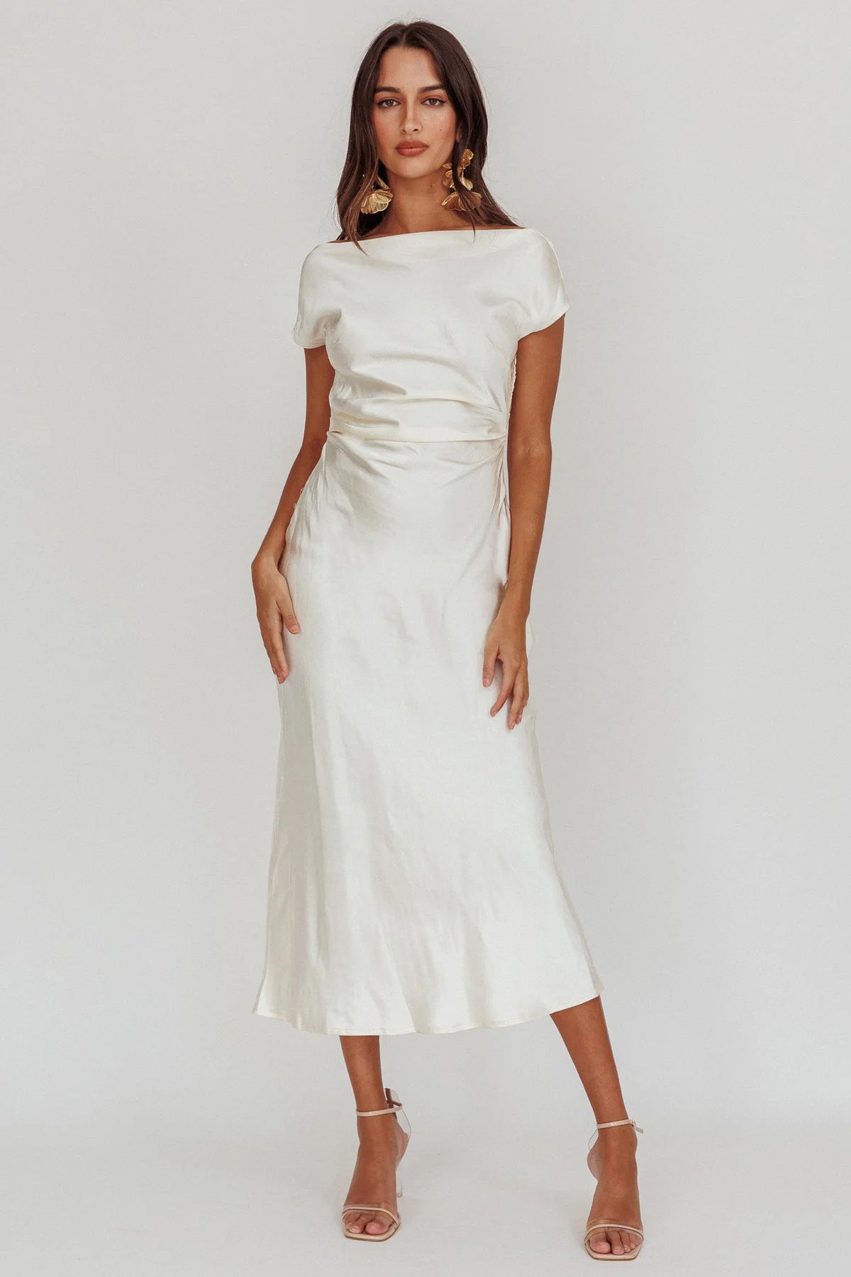 Satin Cap Sleeve Cowl Back Midi Dress